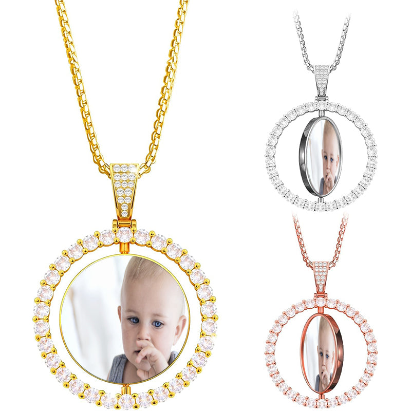 Custom Photo Pendant Necklace, Personalized Picture Necklace, Iced Out Photo Necklace, Circle Photo Pendant, Hip Pop Necklace For Women Men