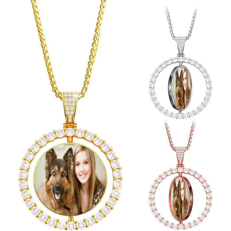 Personalized Diamond Studded Angel Wings Photo Necklace, Custom Picture Necklace,Iced Custom Round Photo Pendant,HipHop Jewelry Memory Gifts